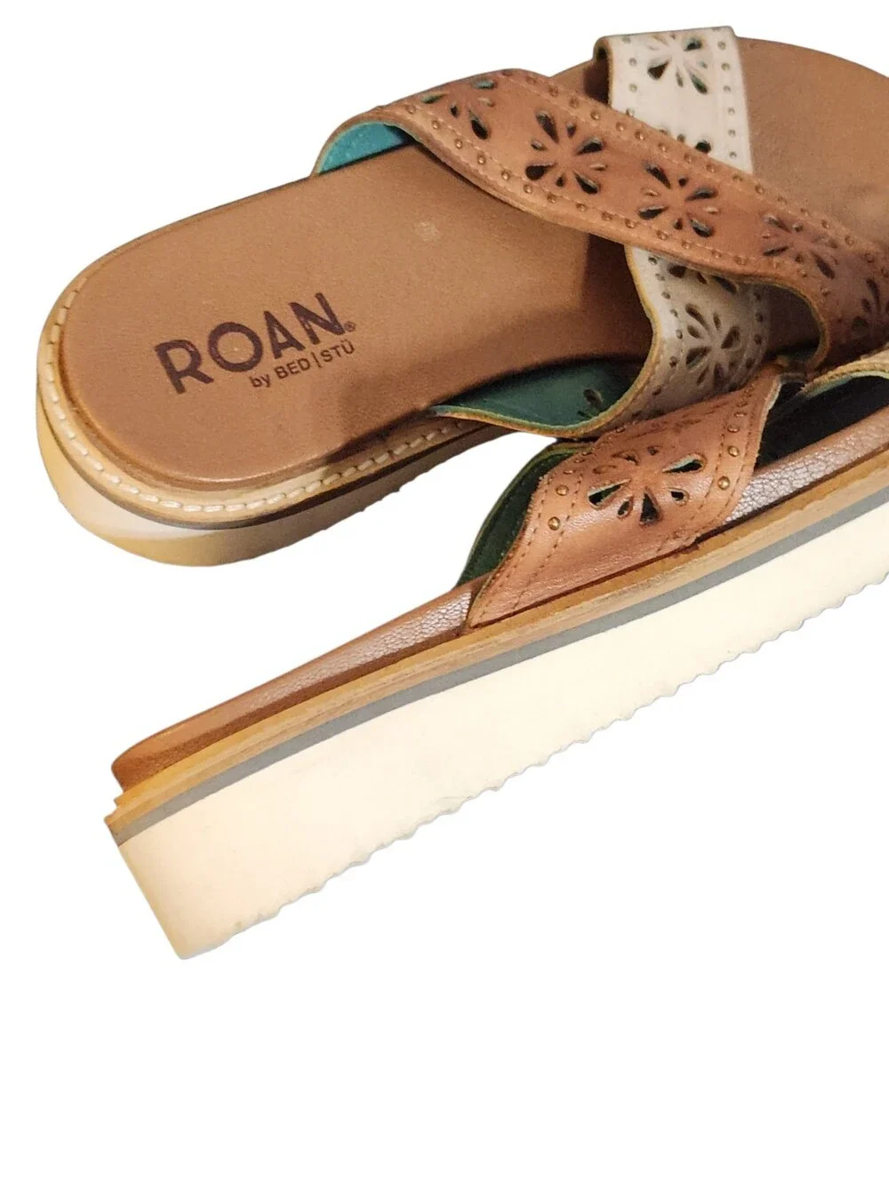 Roan Bed Stu Sandals Size 10 Chant Brown Tan Leather Floral Cutout Studded Shoes